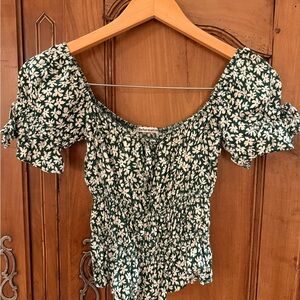 Reformation Forest Green and White Floral Shirred Square-Neck Top